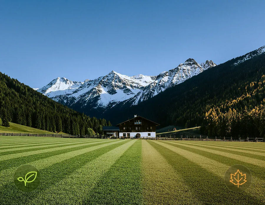 Un campo erboso a strisce con montagne sullo sfondo